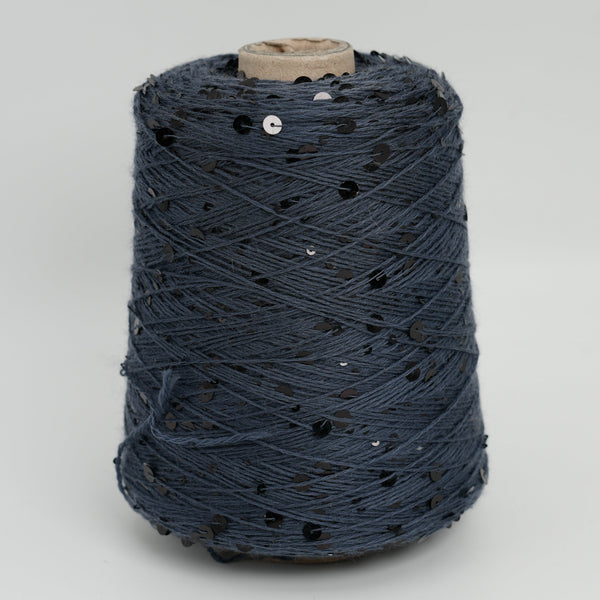 Cone of Cosmo 3600 two-size paillette 100% merino yarn in Steel Moon.