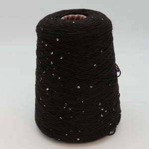 Cone of Antilope 2/60 merino and sequin blend yarn in Cocoa Sparkle.