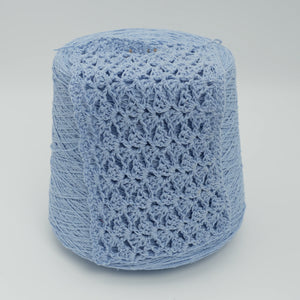 Cone and knitted swatch of Bourette Silk 4000 100% silk yarn in pale blue.