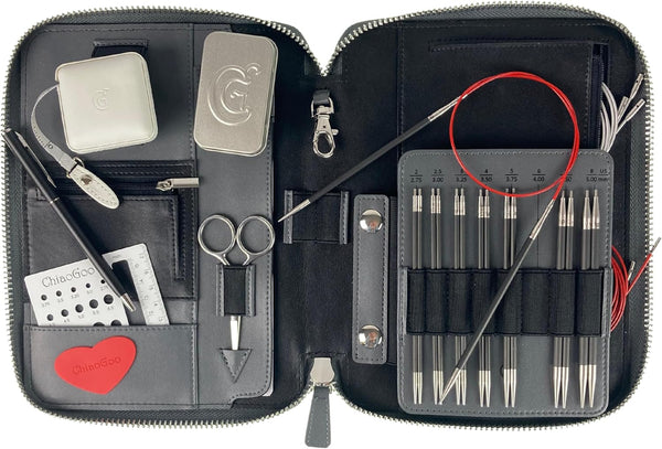 ChiaoGoo Forté 2.0 interchangeable circular knitting needle set displayed in an open black storage case