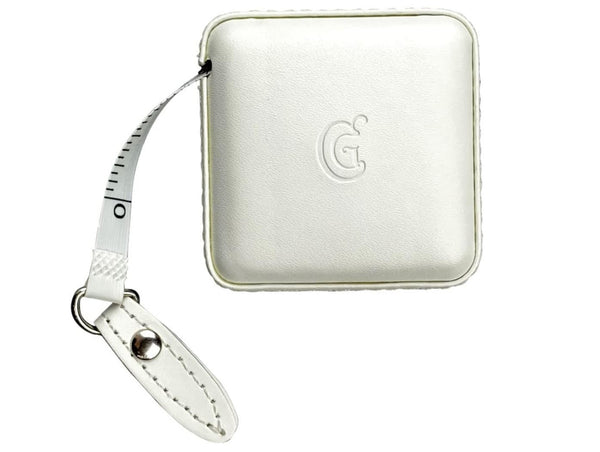 ChiaoGoo white retractable measuring tape with square case, pull tab, and metal ring