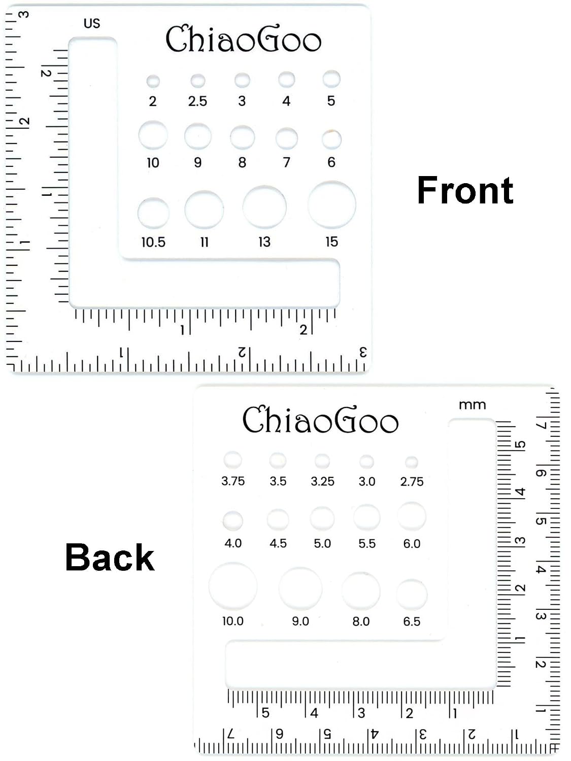 Front and back view of ChiaoGoo Needle Gauge and Swatch Ruler with needle size conversion chart