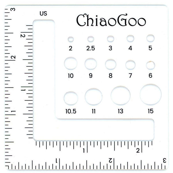 ChiaoGoo Needle Gauge and Swatch Ruler with knitting needle sizing holes and inch and centimeter measurements