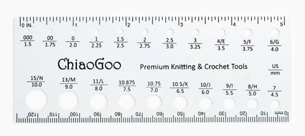 ChiaoGoo Twist & Spin 5 inch needle gauge and ruler with US and metric knitting needle sizes
