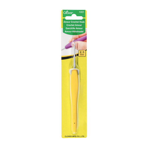 Yellow Clover Amour Crochet Hook with ergonomic elastomer handle shown in individual retail packaging