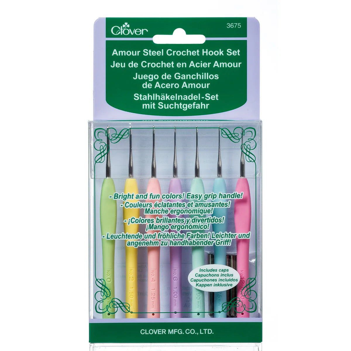 Clover Amour Steel Crochet Hook seven-piece set with protective caps shown in original retail package