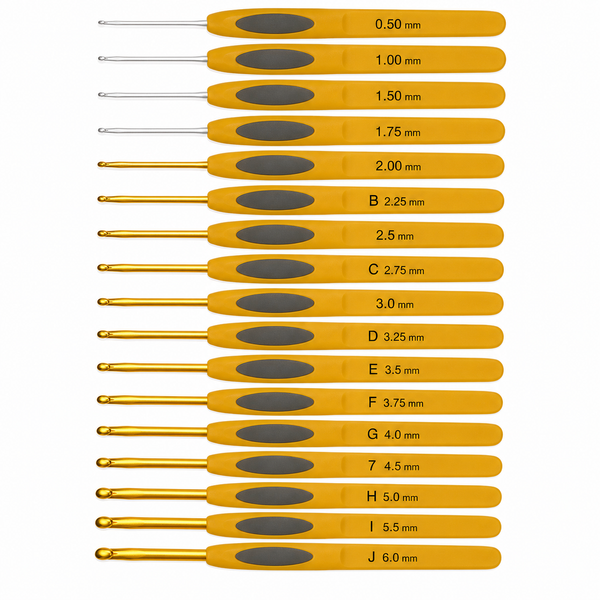 Clover Soft Touch Steel Crochet Hooks displayed in a complete range of sizes with ergonomic yellow handles and steel tips