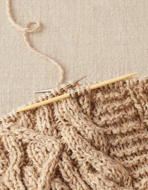 Cocoknits Bamboo Cable Needle holding stitches securely while working a knitted cable pattern