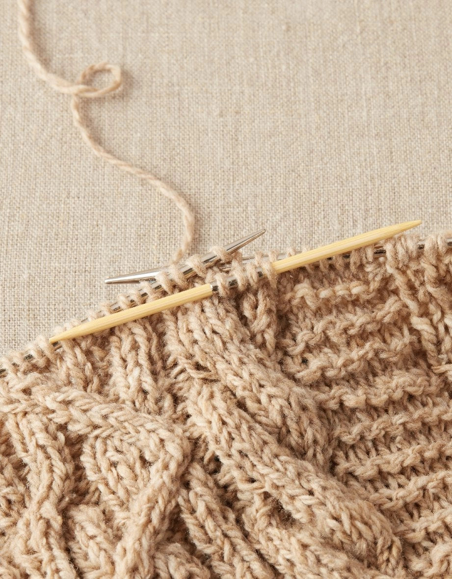 Cocoknits Bamboo Cable Needle holding stitches securely while working a knitted cable pattern