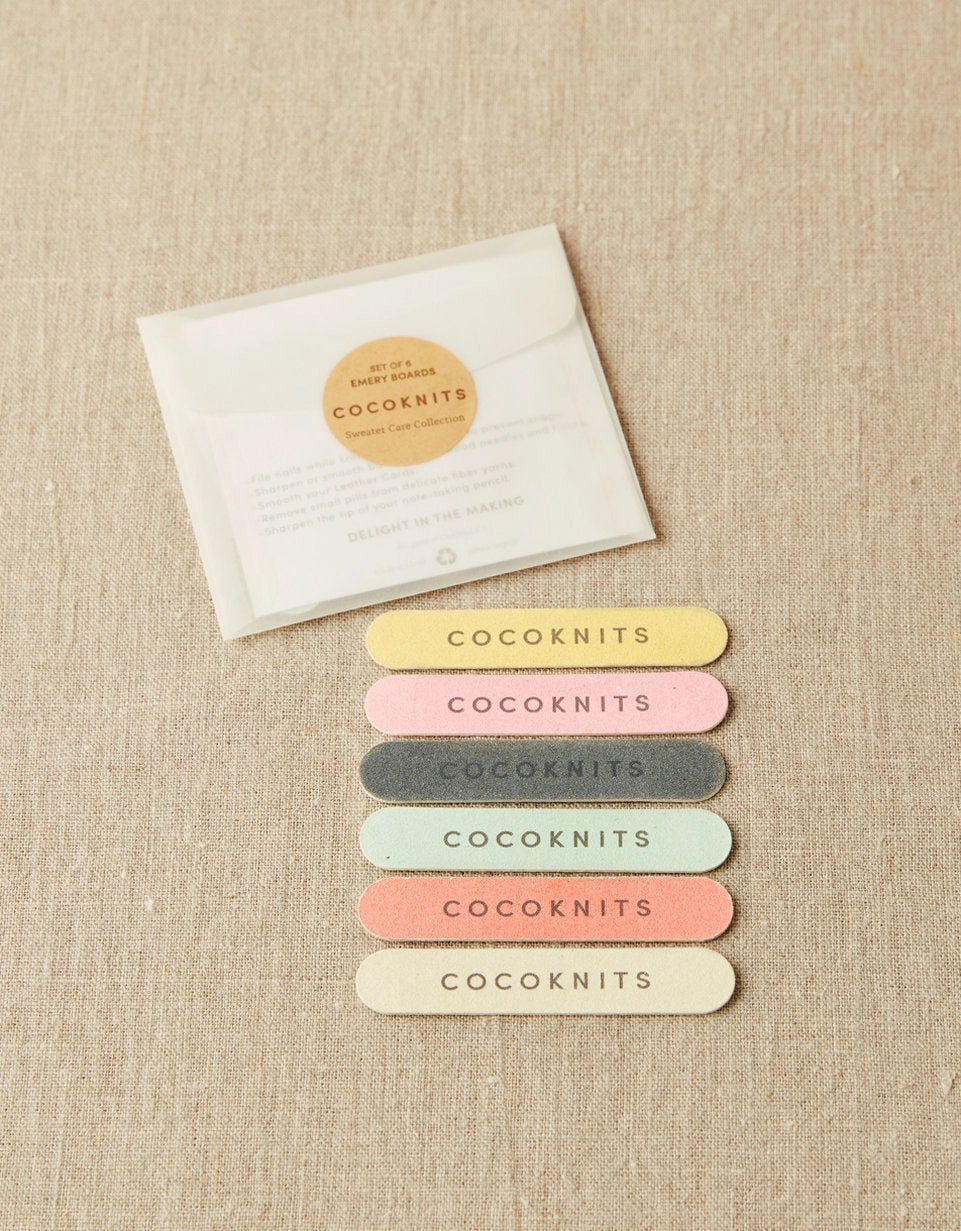 Cocoknits Emery Boards colorful six piece assortment displayed with open packaging