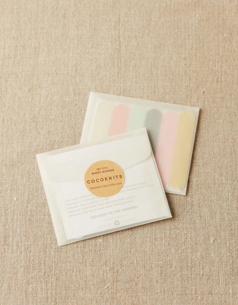 Cocoknits Emery Boards kraft packaging with colorful nail files for knitting project bags