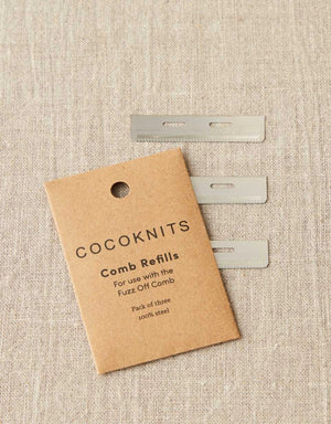 Cocoknits Fuzz Off Comb Refills with three steel replacement blades and kraft sleeve