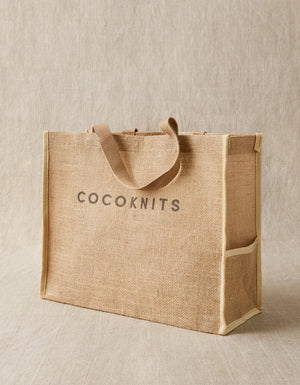 Cocoknits Jute Tote side view showing sturdy jute construction and outer pocket