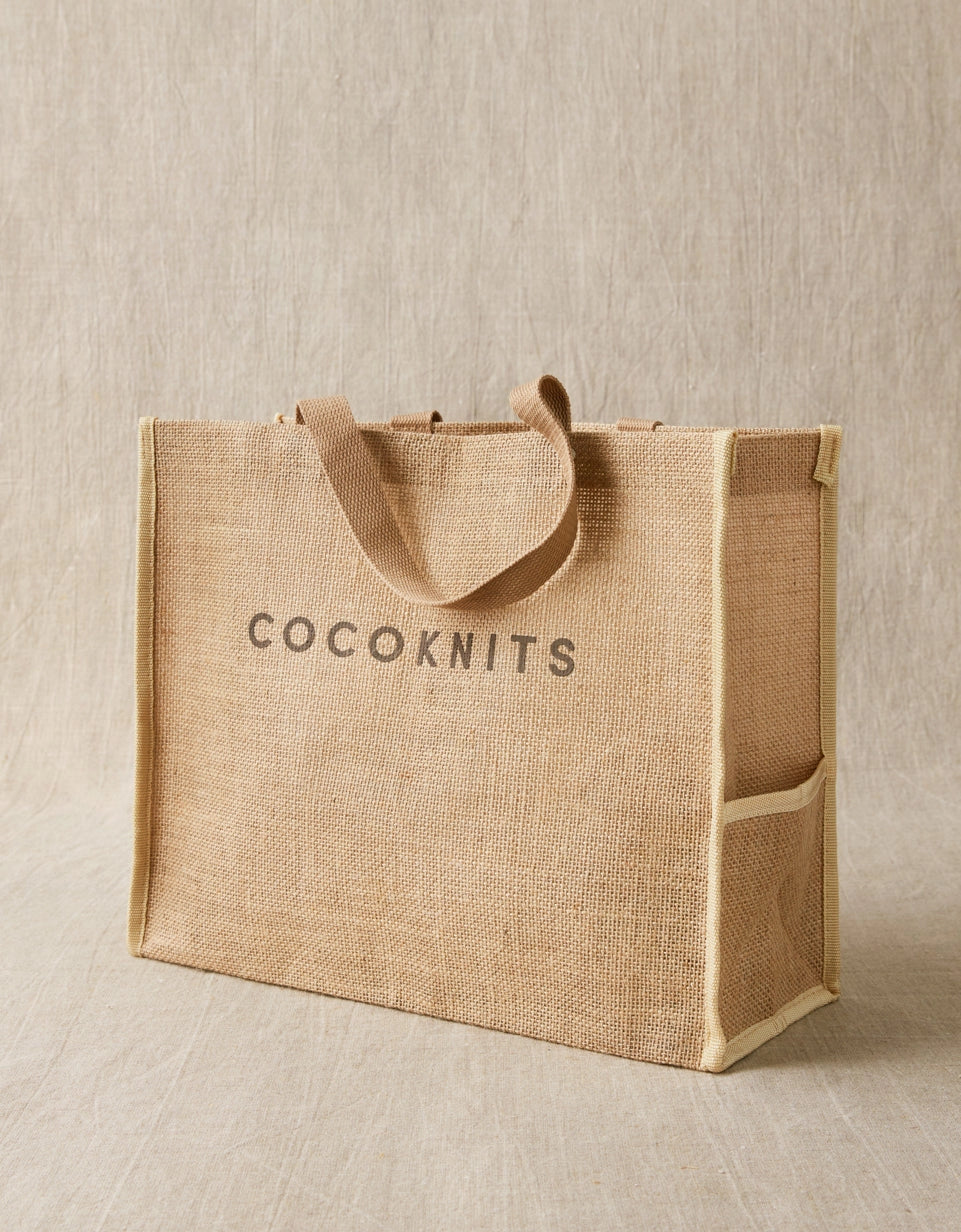 Cocoknits Jute Tote side view showing sturdy jute construction and outer pocket