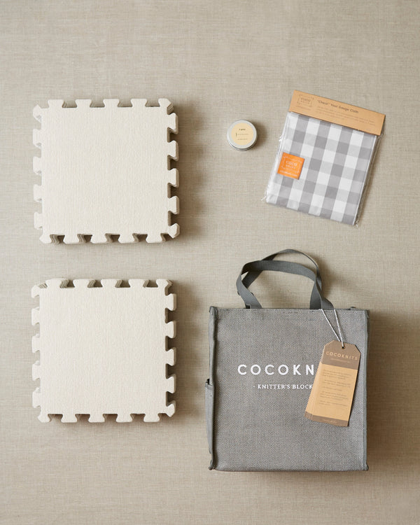 Cocoknits Knitter's Block Kit with blocking tiles, gingham cloth, pins, and storage bag