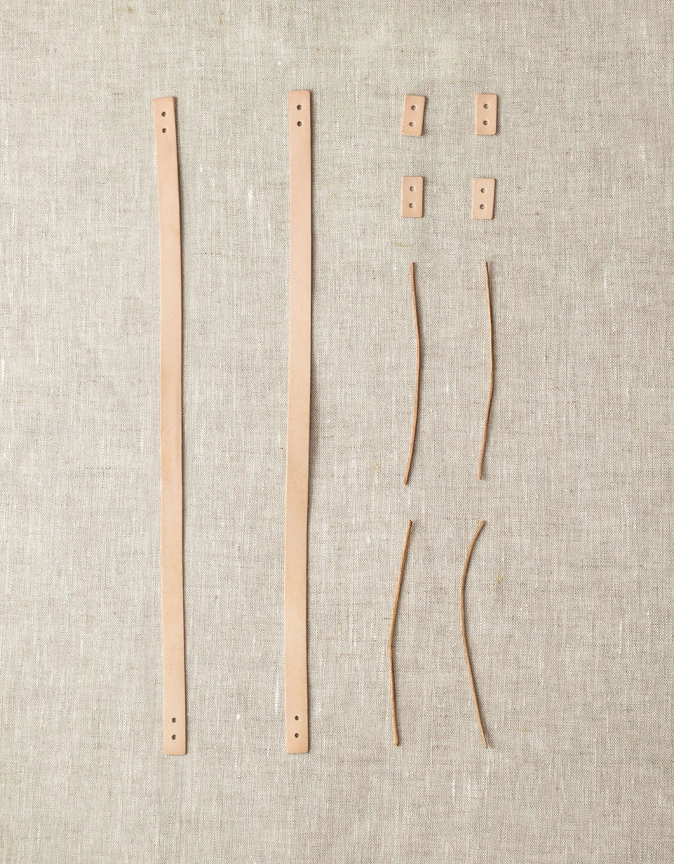 Cocoknits Leather Handle Kit Original components arranged flat for assembly