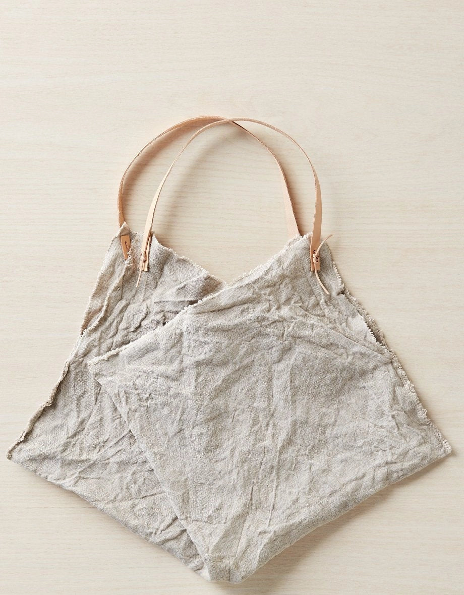 Cocoknits Leather Handle Kit Original attached to a handmade fabric project bag