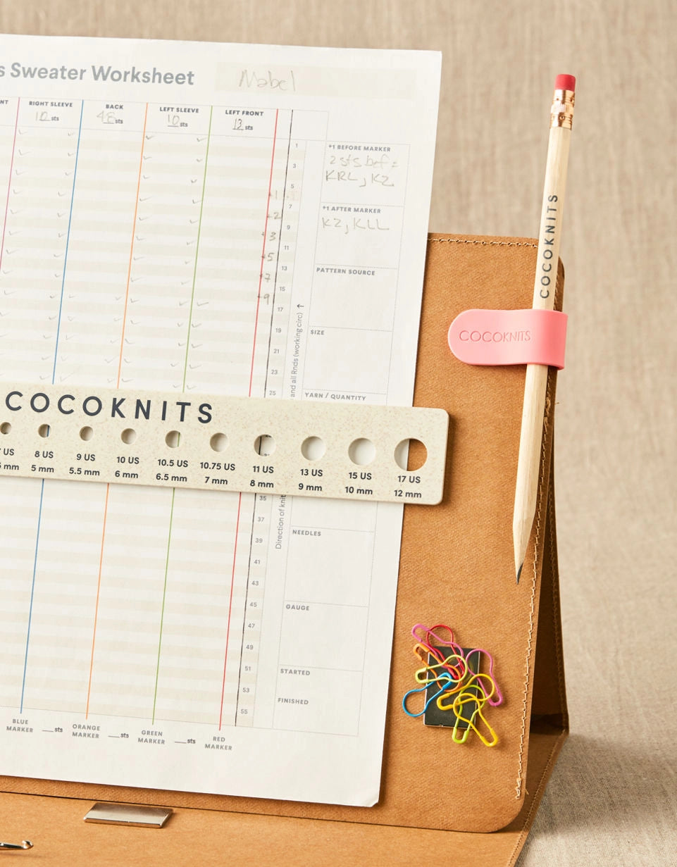 Cocoknits Maker's Clip in Rose organizing a knitting pattern and small notions
