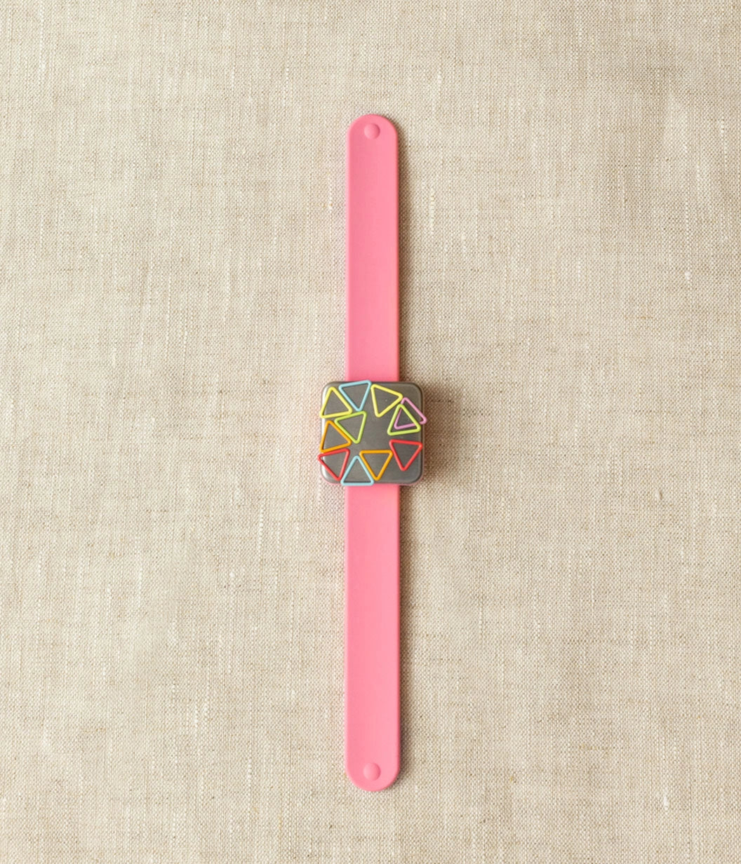 Cocoknits Maker's Keep in Pink holding metal stitch markers
