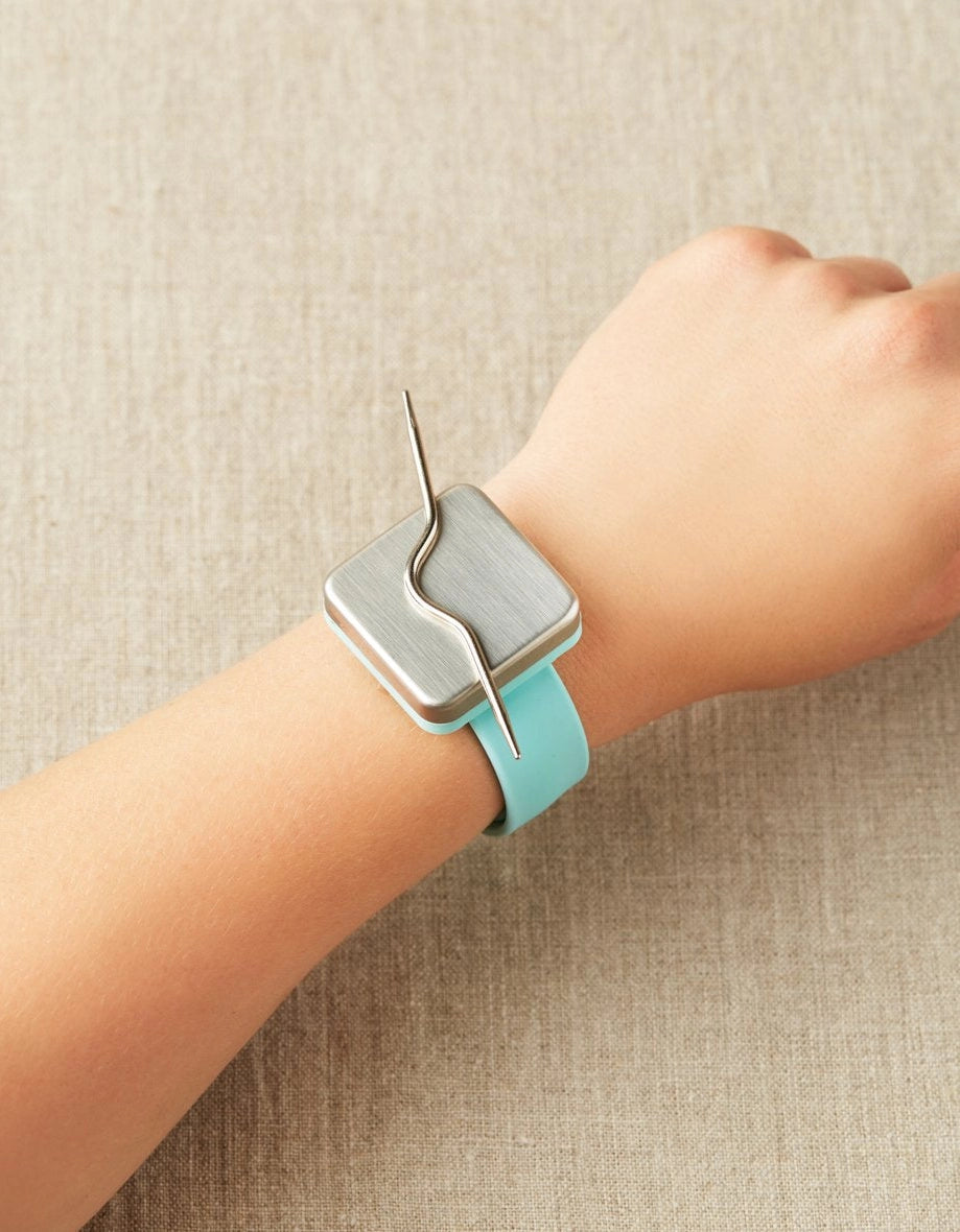 Cocoknits Maker's Keep magnetic wristband worn on the wrist