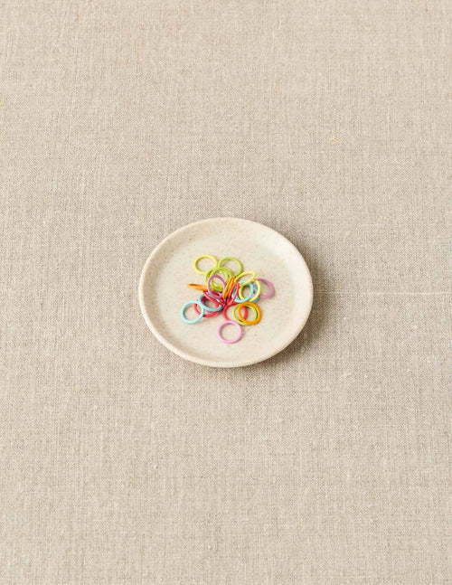 Cocoknits Notions Dish in Celery with colorful knitting stitch markers