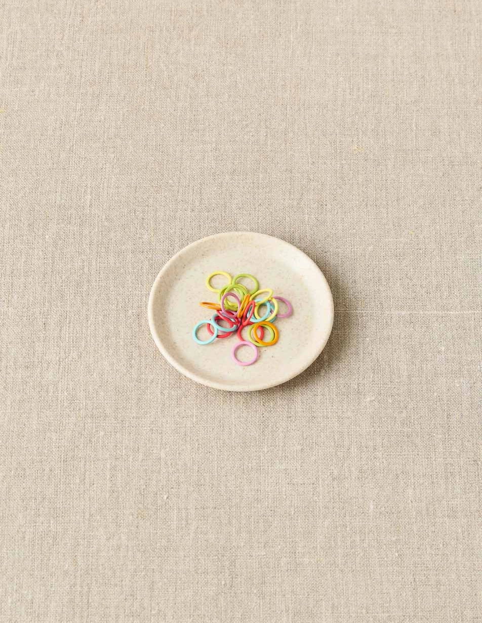 Cocoknits Notions Dish in Celery with colorful knitting stitch markers