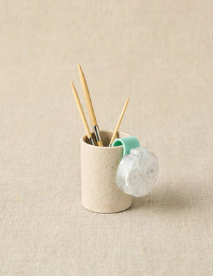 Cocoknits Notions Holder Cup in Linen with knitting needles and accessories