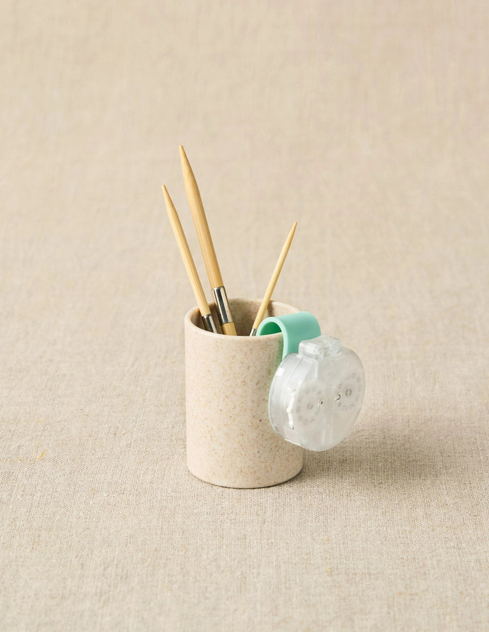 Cocoknits Notions Holder Cup in Linen with knitting needles and accessories