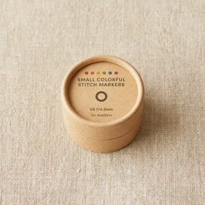 Cocoknits Small Stitch Markers set of 60 shown in the closed round kraft storage box