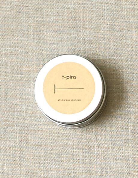 Cocoknits T-Pins. Round storage tin for T-pins.