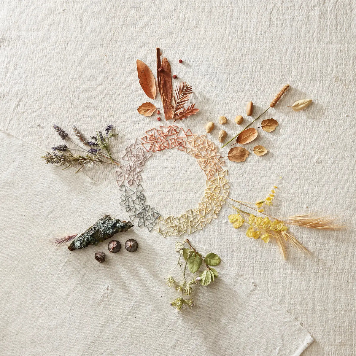 Earth tone Cocoknits Triangle Stitch Markers styled with natural botanical details in a neutral flat lay