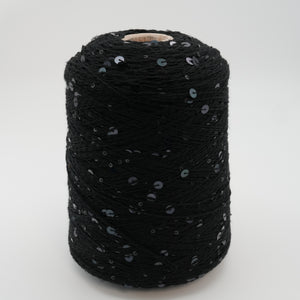Cone of Cosmo two-size paillette 100% merino yarn in black.