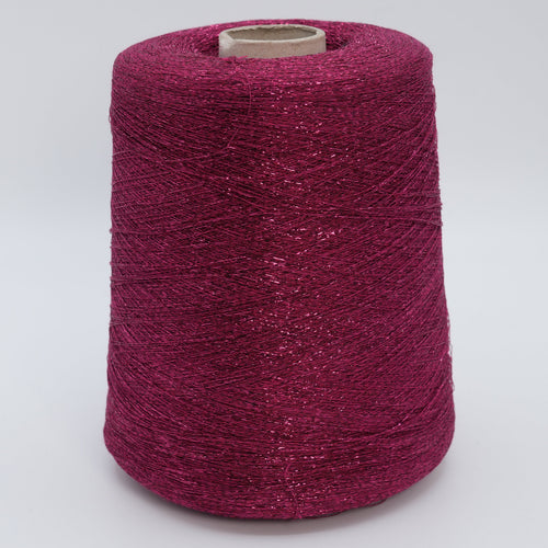 Cone of Frizzante 35000 viscose blend yarn in Berry Stardust.