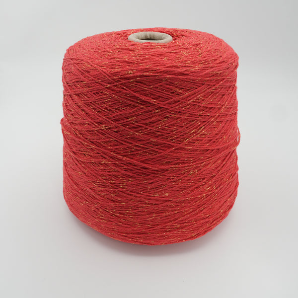 Cone of Golden Poppy cotton and lurex blend yarn in red.