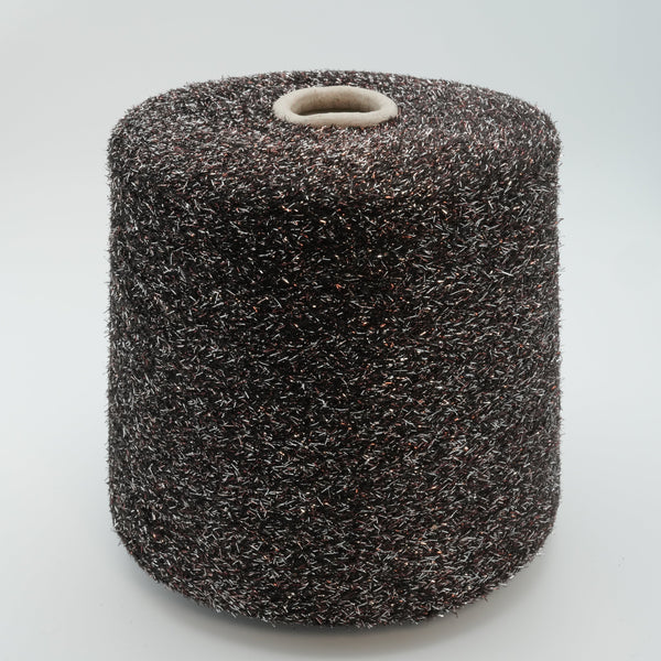 Cone of Jenny polyamide and lurex blend yarn in Bordeaux Silver.