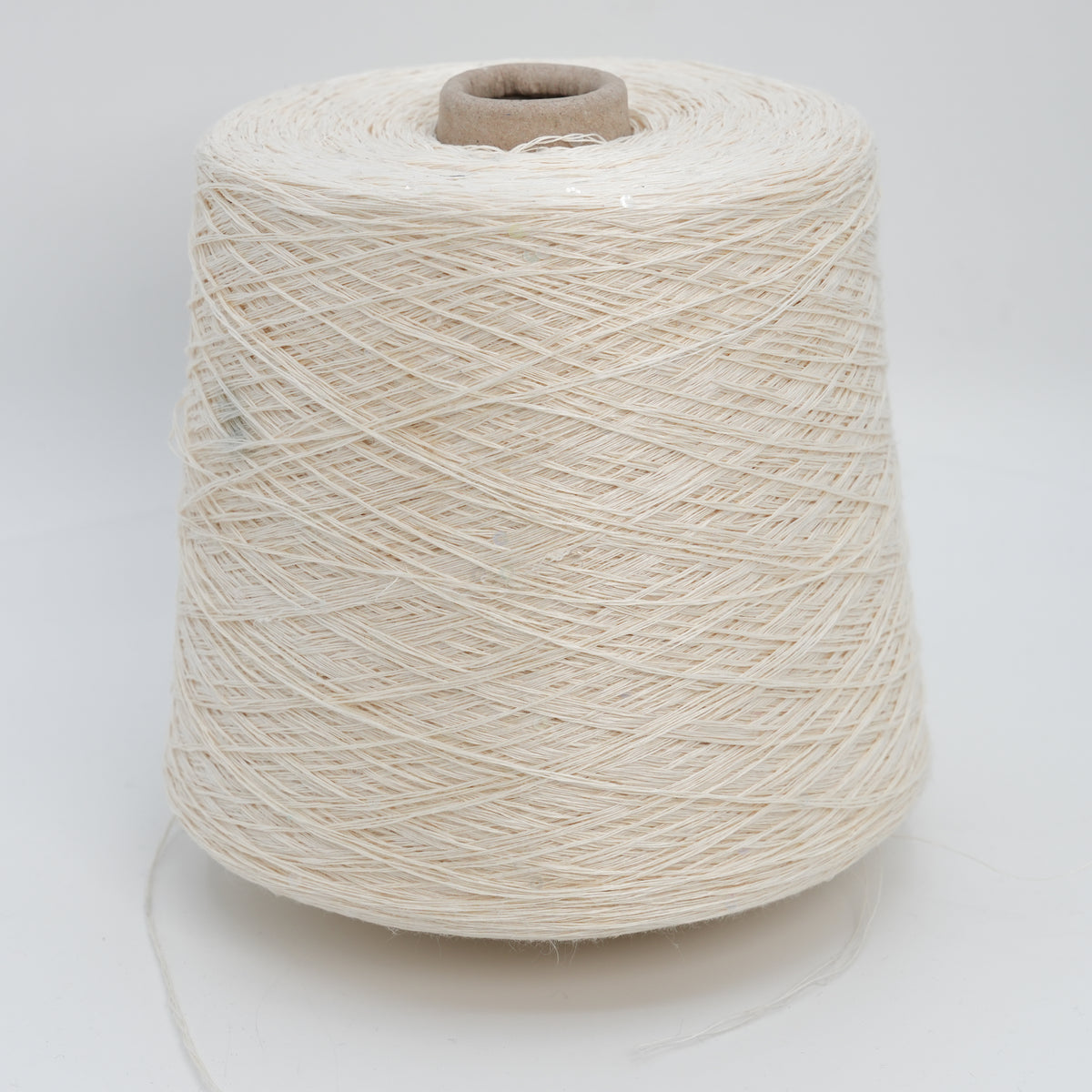 Cone of Lino 4200 linen yarn in Ivory Sequin, a warm ivory with scattered sequins, on a white background.