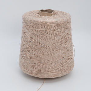 Cone of Lino 4200 linen yarn in Sand Sequin, a soft sandy beige with scattered sequins, on a white background.