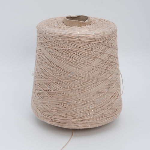 Cone of Lino 4200 linen yarn in Sand Sequin, a soft sandy beige with scattered sequins, on a white background.