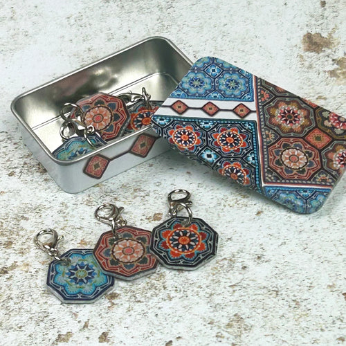 Locking Stitch Markers (Set of 6) in Pocket Tin by Emma Ball in Persian Tiles Stitch Markers.