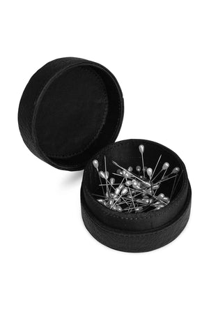 Muud Emeli Magnetic Leather Box | Whisky in Black. Open leather box holding metal pins.