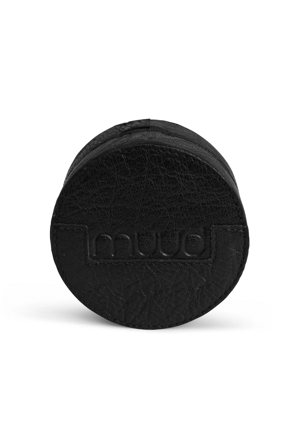 Muud Emeli Magnetic Leather Box | Whisky in Black. Top view of the round leather lid.