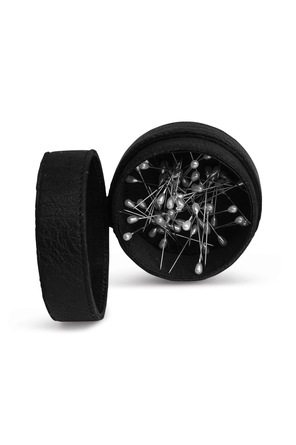 Muud Emeli Magnetic Leather Box | Whisky in Black. Open magnetic leather box holding metal pins.