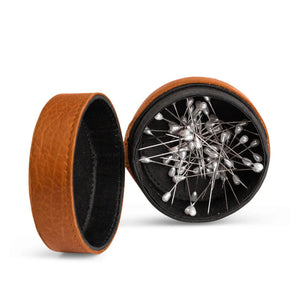 Muud Emeli Magnetic Leather Box | Whisky. Open magnetic leather box holding metal pins.