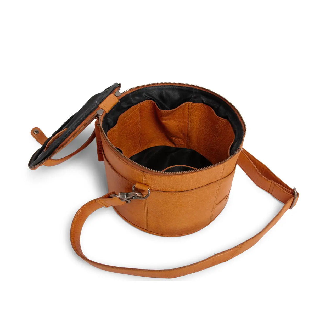 Muud Enturn Leather Project Bag | Black in Whisky. Open bag showing its lined interior.