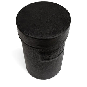 Muud Mountain Cannister | Genuine Leather in Black. Angled view of the cylindrical case with its lid fitted.