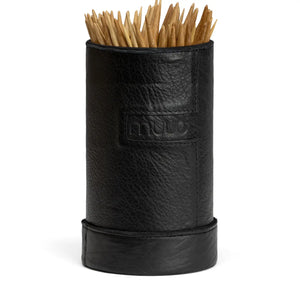Muud Mountain Cannister | Genuine Leather in Black. Open cylindrical leather case holding knitting needles.