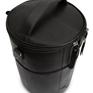 Muud Saturn XL Leather Project Bag in Black. Angled view of the zipped lid.