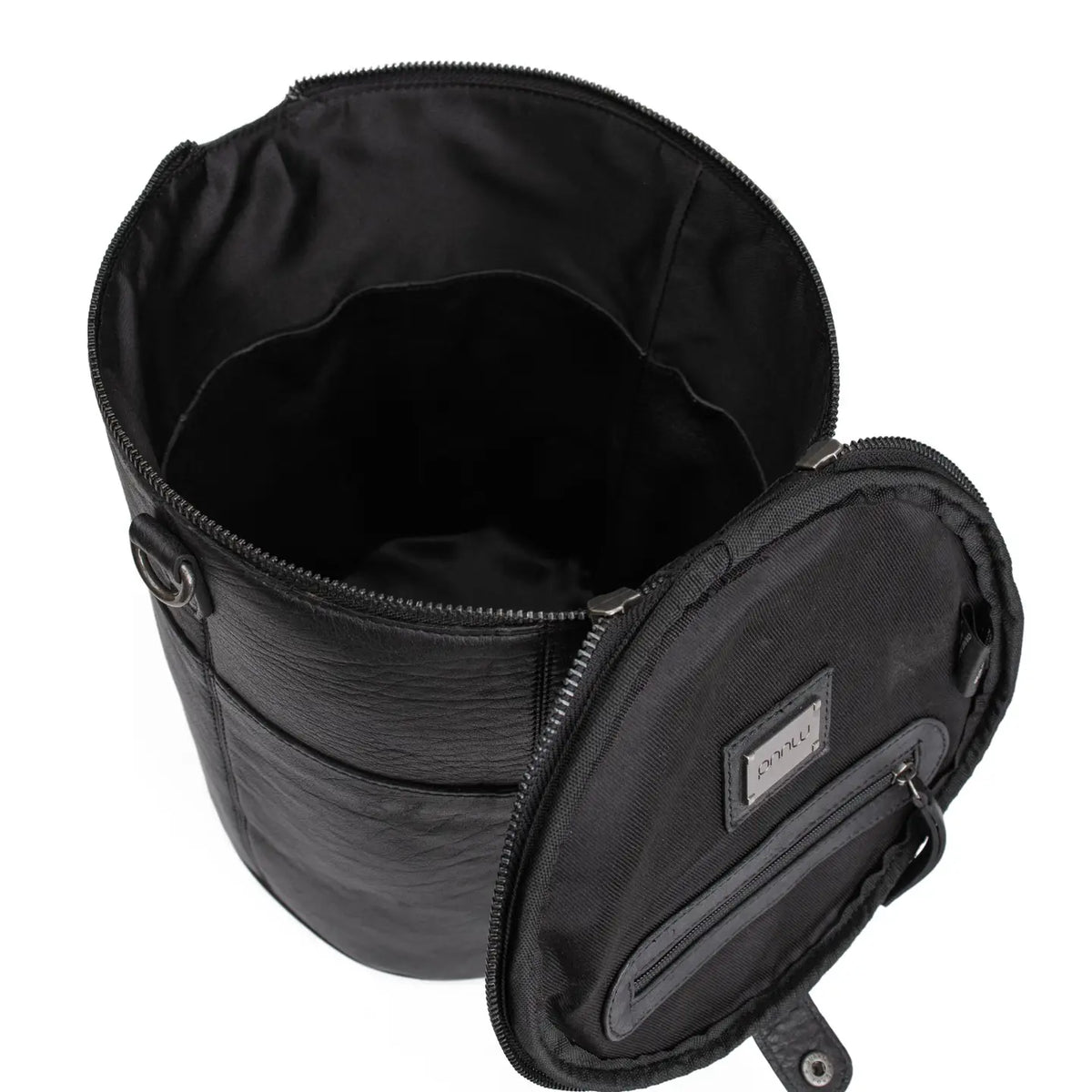 Muud Saturn XL Leather Project Bag in Black. Open bag showing its interior pockets.