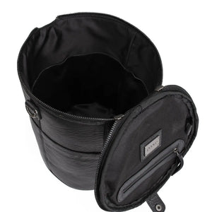 Muud Saturn XL Leather Project Bag in Black. Open bag showing its interior pockets.