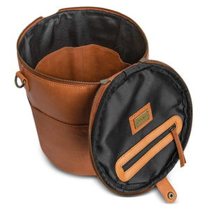 Muud Saturn XL Leather Project Bag in Whisky. Open bag showing its lid pockets and interior.